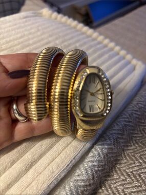 Gold Coil Wrap Watch Bracelet with Rhinestone Accents
